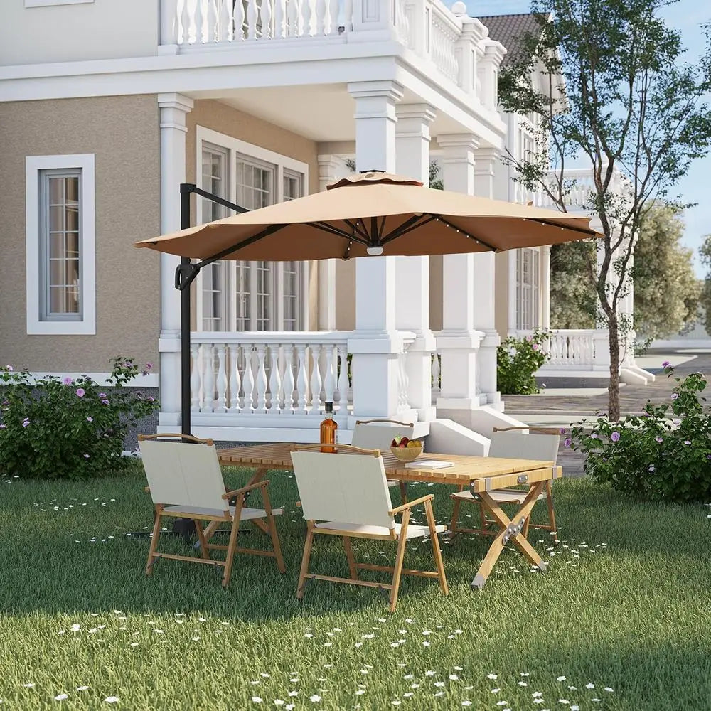 10-Foot Outdoor LED-lit Cantilever Umbrella with Windproof Design and 360-Degree Rotation, Base Included, Tan