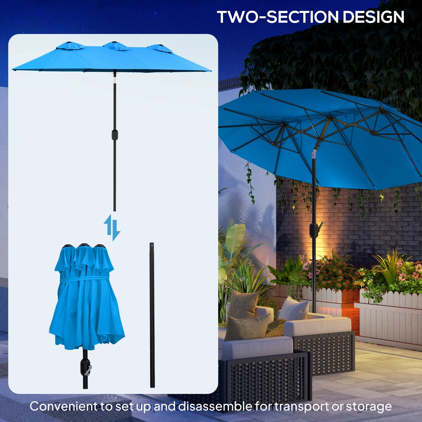 9.5' Double-Sided Patio Umbrella with 3 Air Vents, Tilt and Crank, Outdoor Umbrella, Cyan Blue