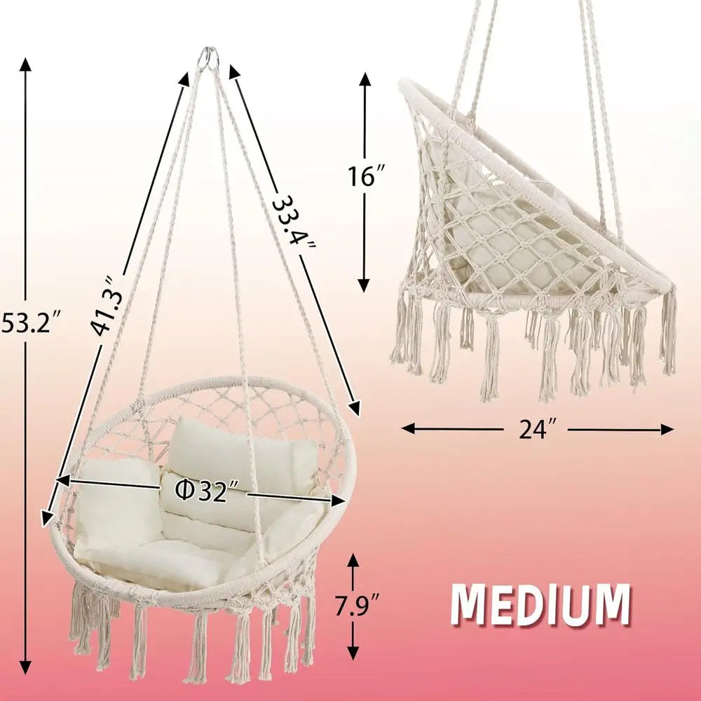Hammock Chair Swing Chair with Medium Cushion, Hanging Chair for Bedroom, Indoor, Outdoor, Balcony, Porch, Beige