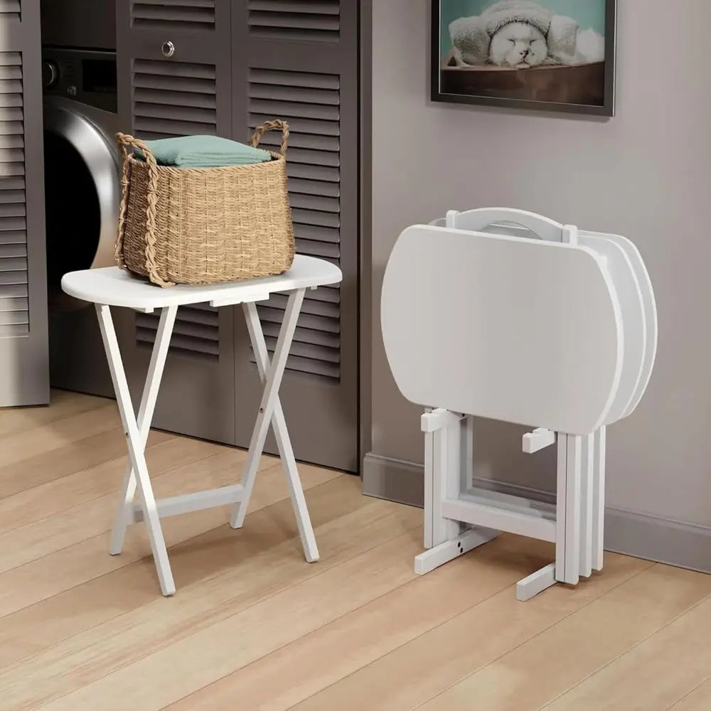 Oversized 4-Piece Snack Tables with Tray Stand - Portable, Space-Saving Side Tables in White