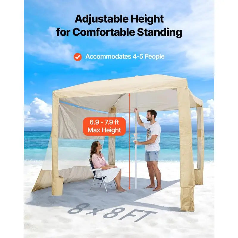 Beach Cabana, 8 x 8 ft Beach Canopy with Side Wall, UPF 50+ Protection Easy Setup Cabana Tent with Sand Pockets, Adjustable Height Portable Shade Sun Shelter Umbrella for Family & Friends, Khaki