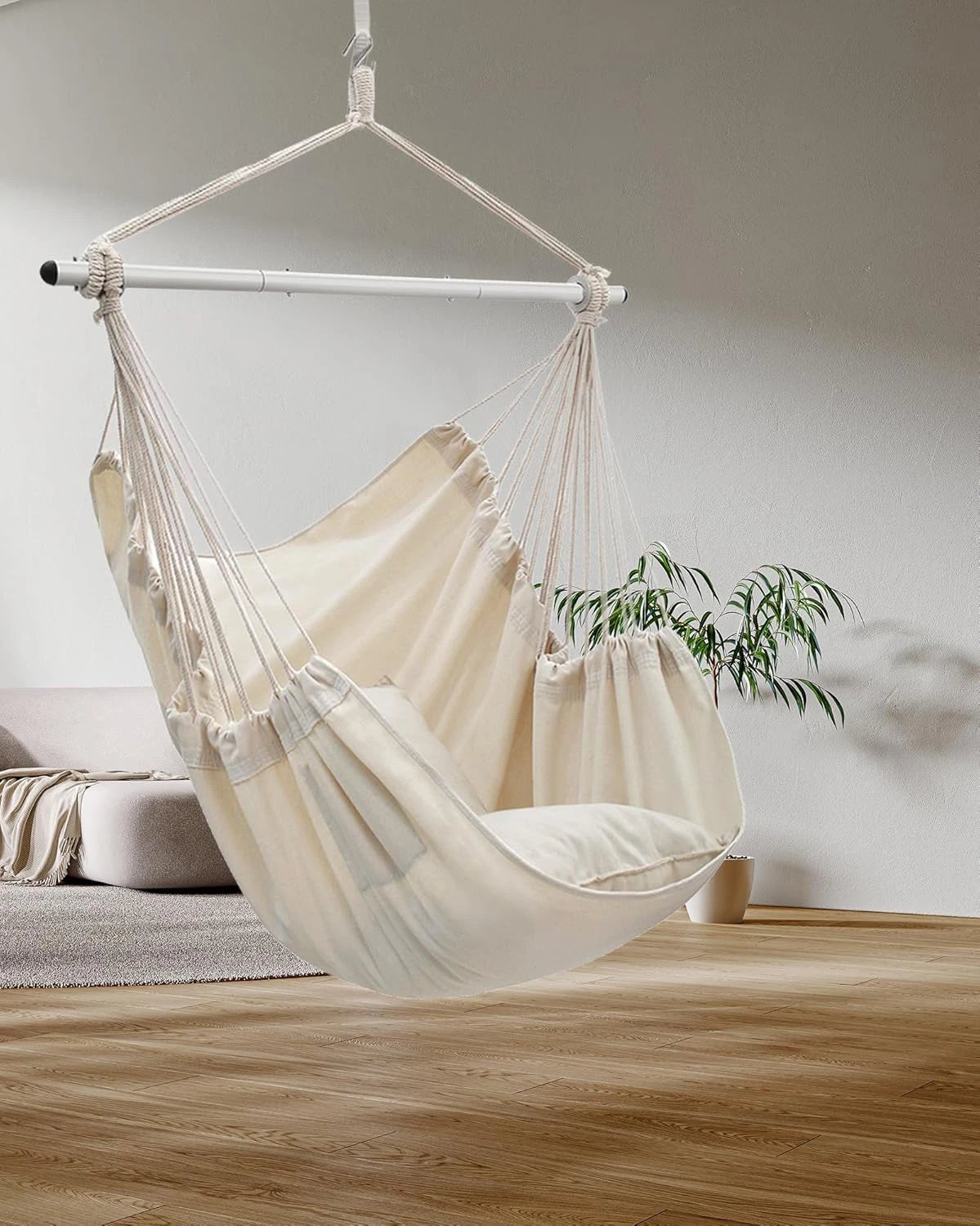 Hanging Swing Chair for Indoor & Outdoor All Weather Use, Premium Soft Cozy Fabric Hammock Chair, Comfort Hanging Seat for Garden Patio Balcony Bedroom