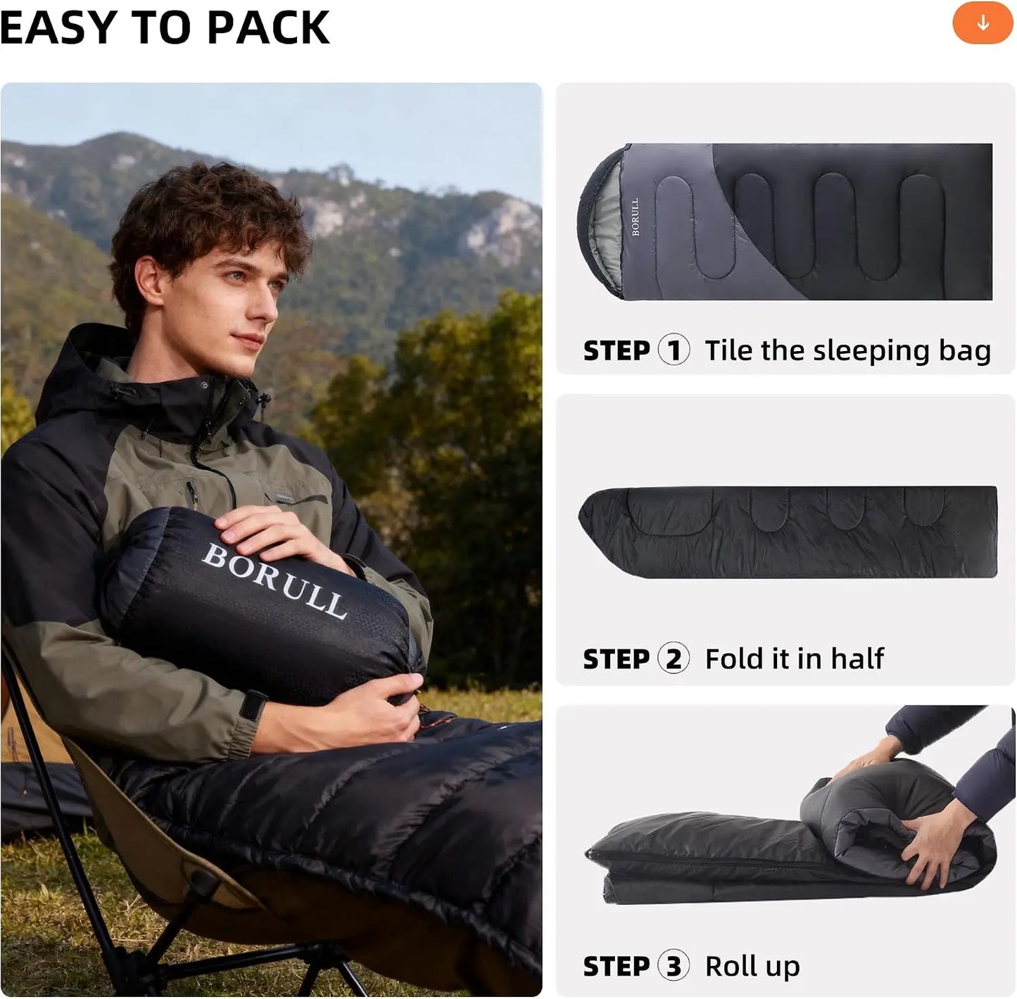 Lightweight Sleeping Bag 3lb, Packs 8"x14", 50-68°F, Machine Washable, Pairs to Double