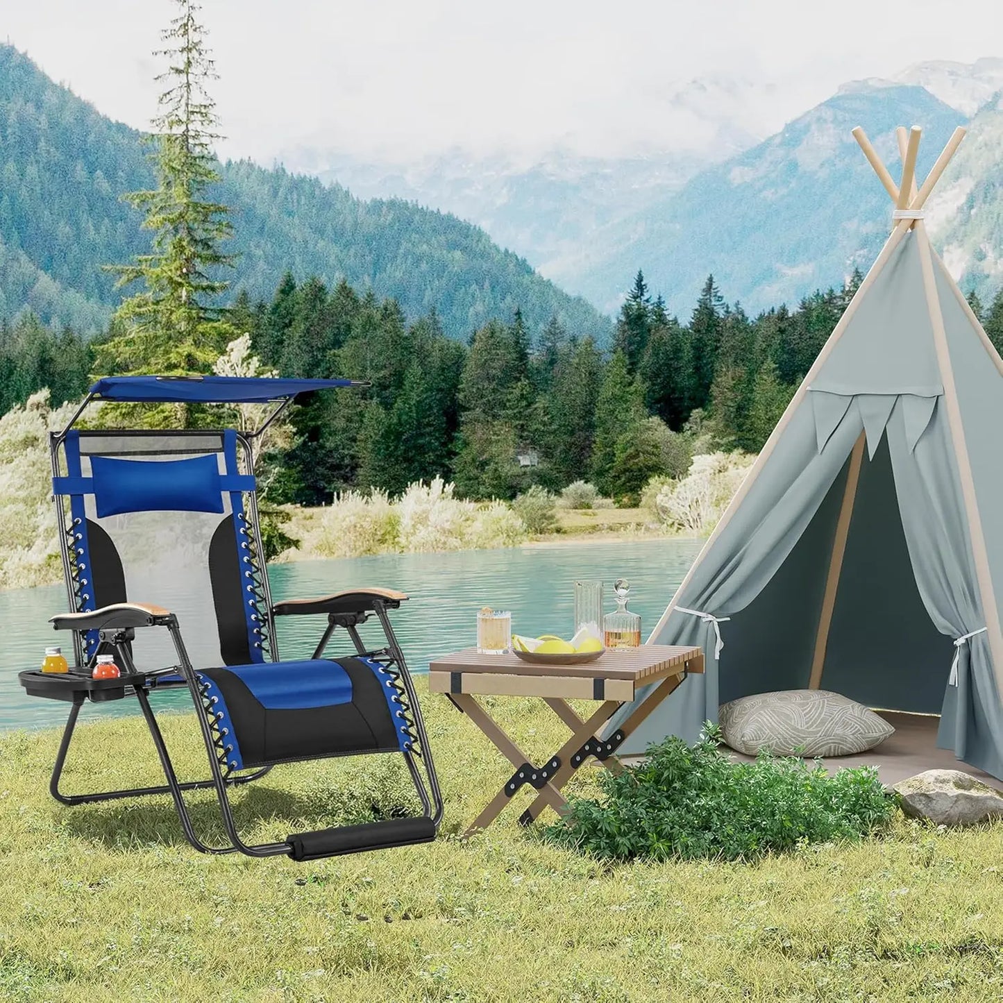 Zero Gravity Chair with Canopy, Cup Holder & Headrest - Adjustable Patio Recliner for Outdoor Relaxation, Navy Blue/Black