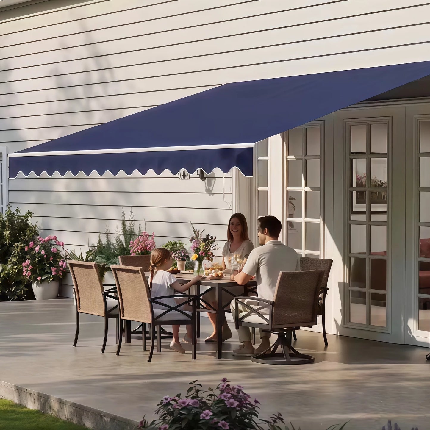 Nordivale 12x10ft Manual Retractable Awning Outdoor Patio Sun Shade Canopy Waterproof Polyester PA Coated Fabric with Crank Handle for Backyard Deck Window Blue