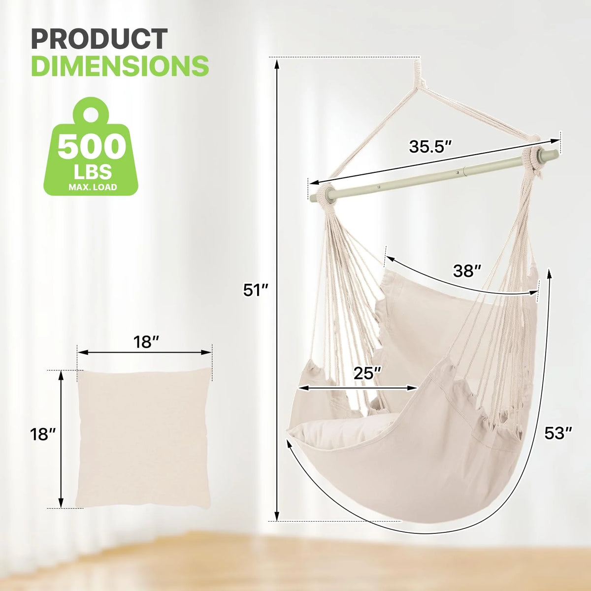 Premium Outdoor Hanging Hammock Chair With Cushions And Rope