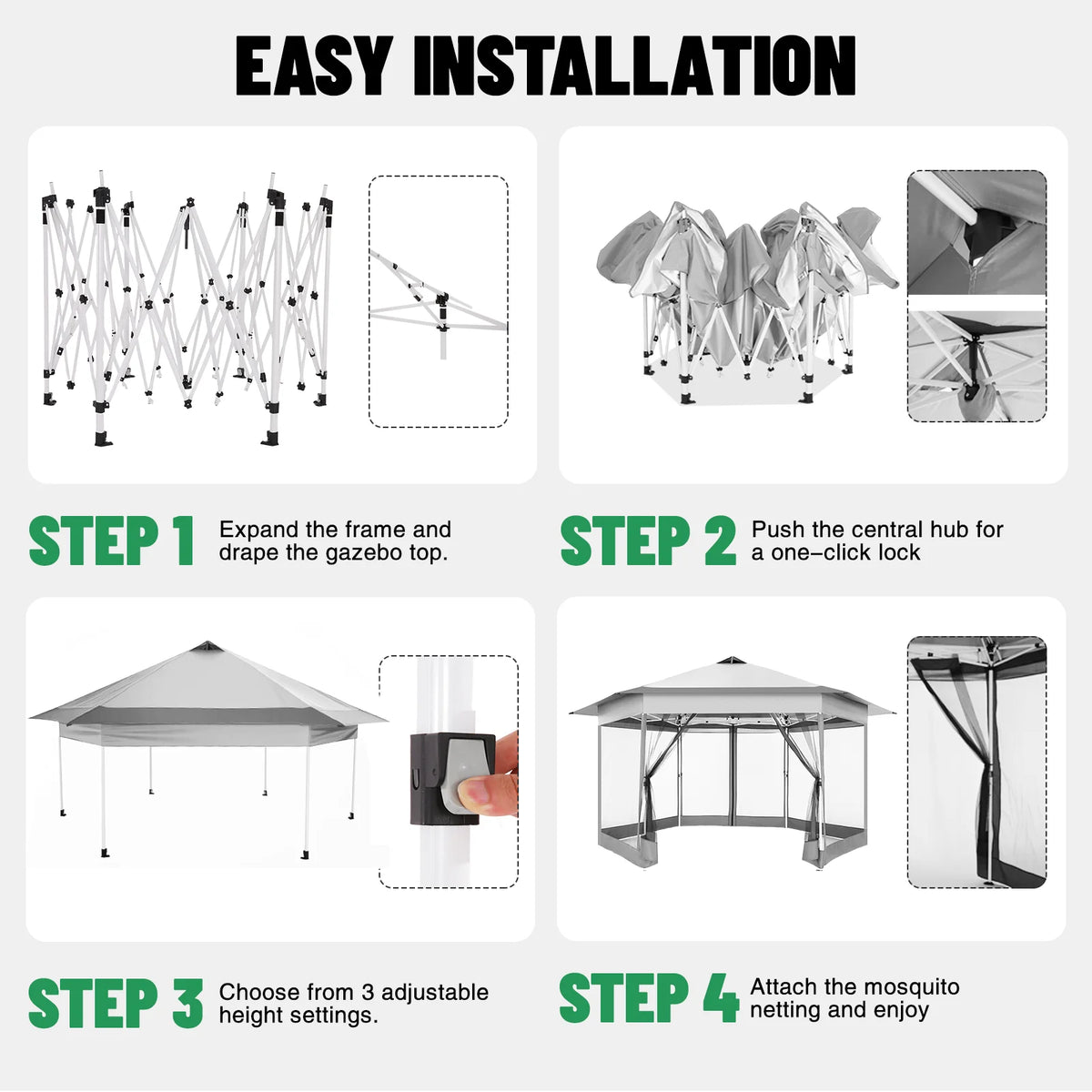 16x16FT Pop Up Gazebo Tent with Mosquito Netting, Gazebos on Clearance, Hexagonal Outdoor Canopy Shelter, Patented Center Lock 6-Sided Portable Gazebos, Pop Up Canopy Tent for Backyard