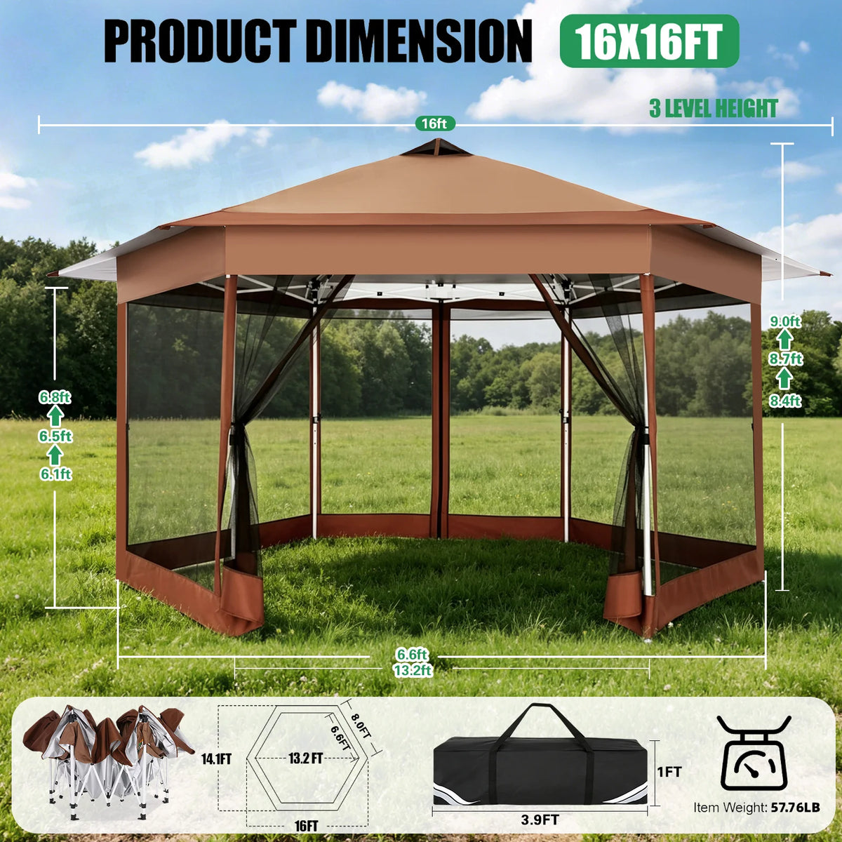 16x16FT Pop Up Gazebo Tent with Mosquito Netting, Gazebos on Clearance, Hexagonal Outdoor Canopy Shelter, Patented Center Lock 6-Sided Portable Gazebos, Pop Up Canopy Tent for Backyard