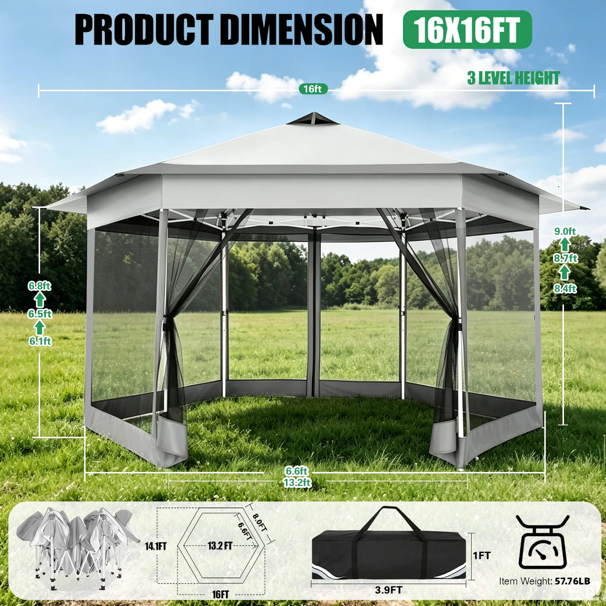 16x16FT Pop Up Gazebo Tent with Mosquito Netting, Gazebos on Clearance, Hexagonal Outdoor Canopy Shelter, Patented Center Lock 6-Sided Portable Gazebos, Pop Up Canopy Tent for Backyard