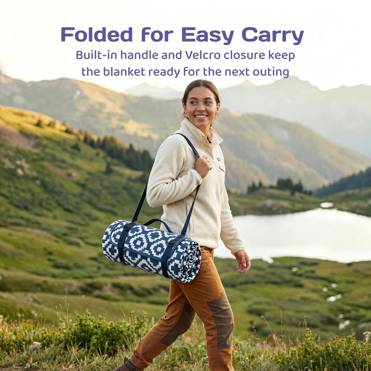 Adivo Waterproof Picnic Blanket Foldable Portable Polyester Outdoor Mat with Carry Handle for Beach Camping 59x79/79x79in