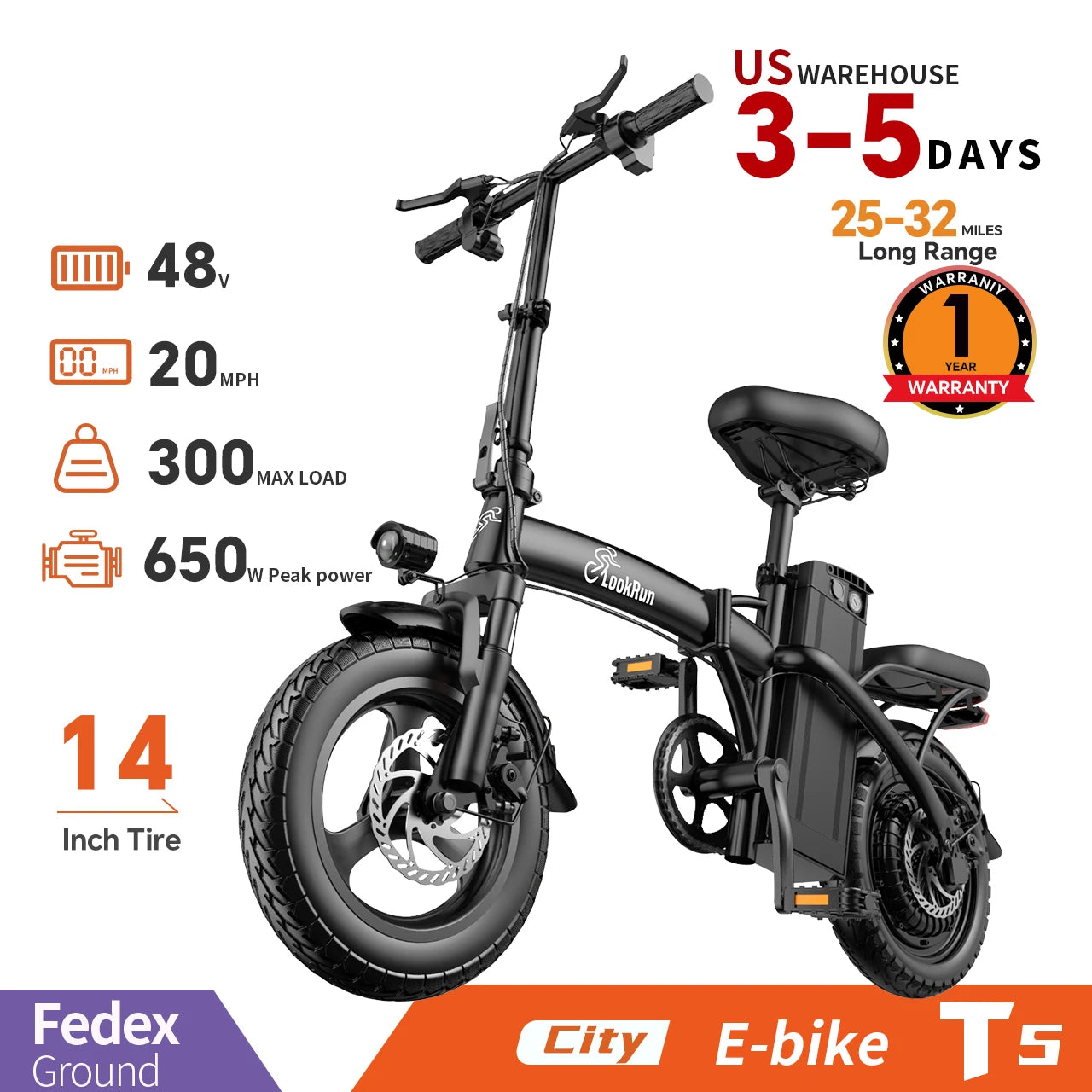 Folding Electric Bike,48V15AH Speed Over 20 MPH, 600W Adult Electric Bicycle with 14-inch Fat Tires, Max Range 20 Miles