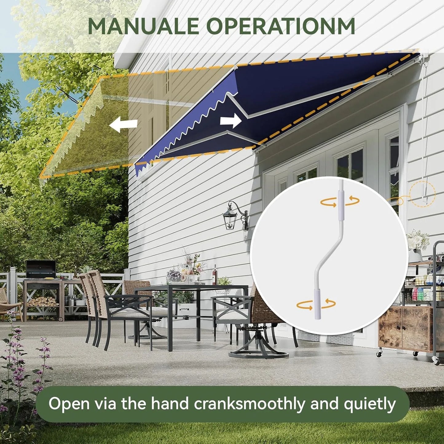 Nordivale 12x10ft Manual Retractable Awning Outdoor Patio Sun Shade Canopy Waterproof Polyester PA Coated Fabric with Crank Handle for Backyard Deck Window Blue