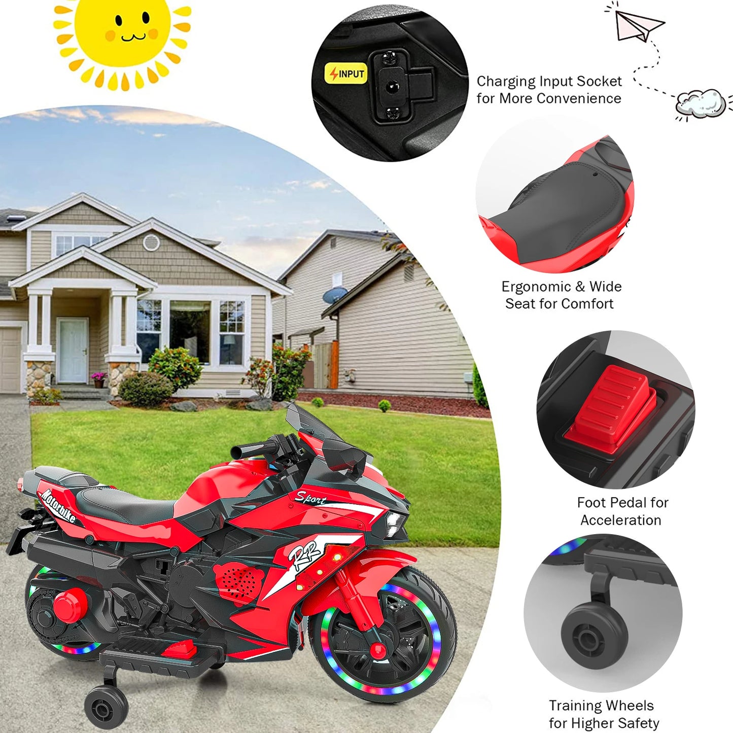2 Wheel 12V Electric Mini Bike Motorcycle for Children, Kids Battery Powered Dirt Bike with Remote control, Bluetooth, MP3, Age 3+ Kids Ride On Motorcycle, PU Seat, Load Capacity Up to 110 lbs, Top Speed: 4 MPH