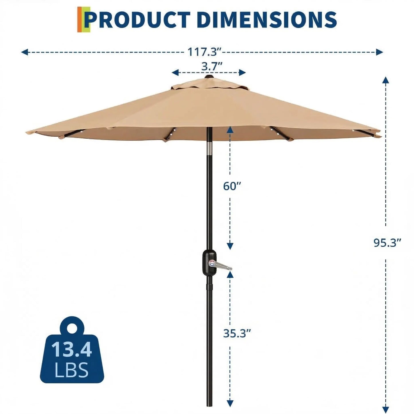 10 ft Patio Umbrella with 40 Solar LED Lights, Outdoor Market Umbrella with Push-Button Tilt and Crank, Powder-Coated Steel Pole 8 Sturdy Ribs Waterproof for Garden, Deck, Backyard, Pool, Tan