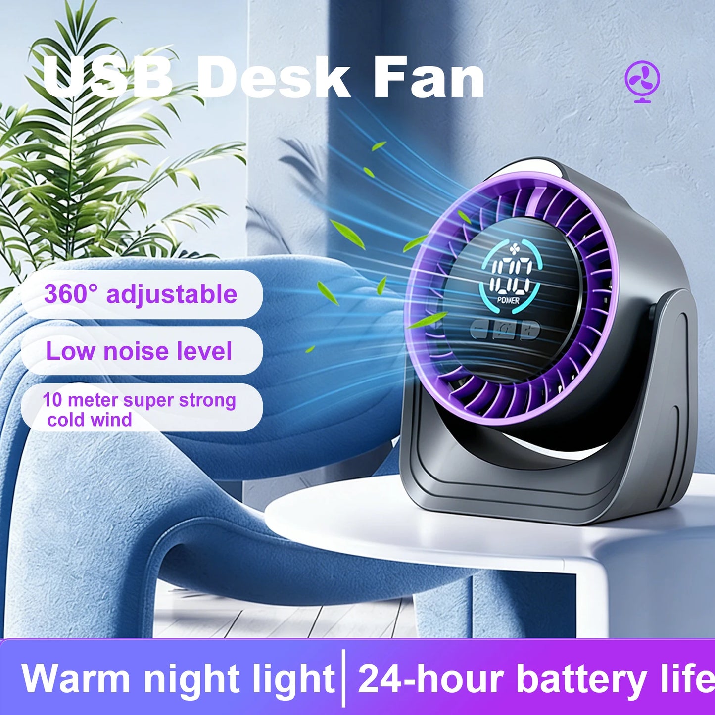 ZNLYRION Fan Rechargeable USB Desk Air Circulation Fan 360° Adjustable 100 Speeds Quiet Table Cooling Fan with Night Light 24H Long Battery Life For Home Office Bedroom