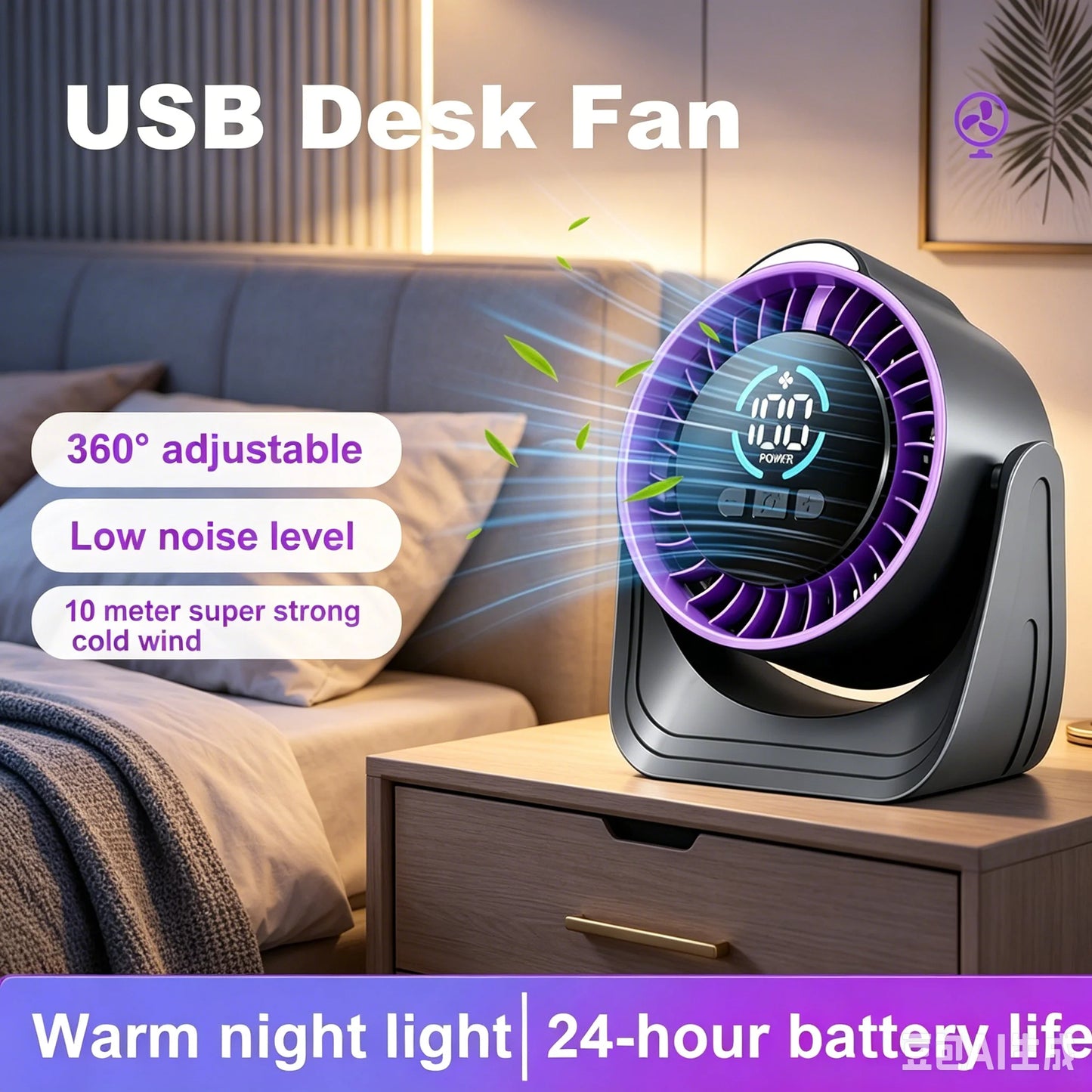 ZNLYRION Fan Rechargeable USB Desk Air Circulation Fan 360° Adjustable 100 Speeds Quiet Table Cooling Fan with Night Light 24H Long Battery Life For Home Office Bedroom