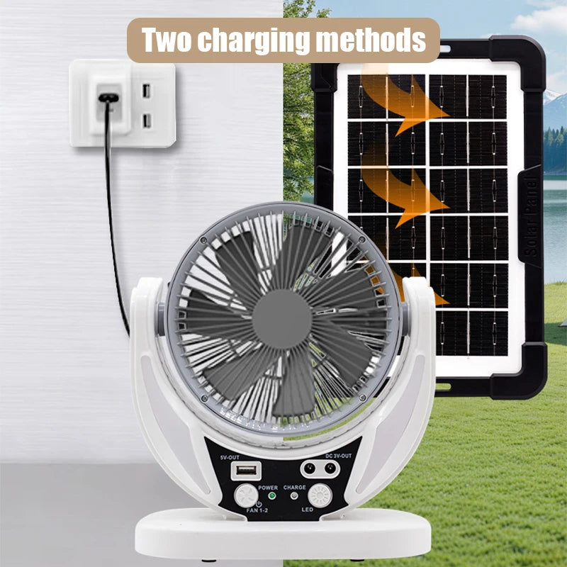 Solar-powered multifunctional fan, LED emergency light bulb, USB charging, night light function, can charge mobile phones