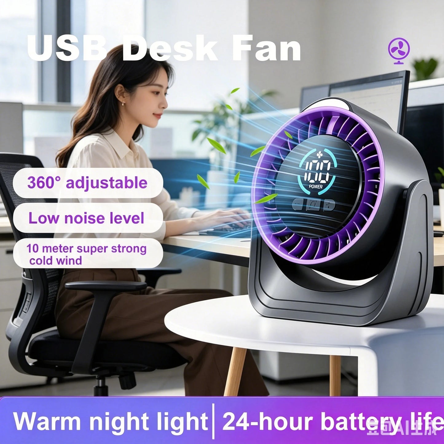 ZNLYRION Fan Rechargeable USB Desk Air Circulation Fan 360° Adjustable 100 Speeds Quiet Table Cooling Fan with Night Light 24H Long Battery Life For Home Office Bedroom