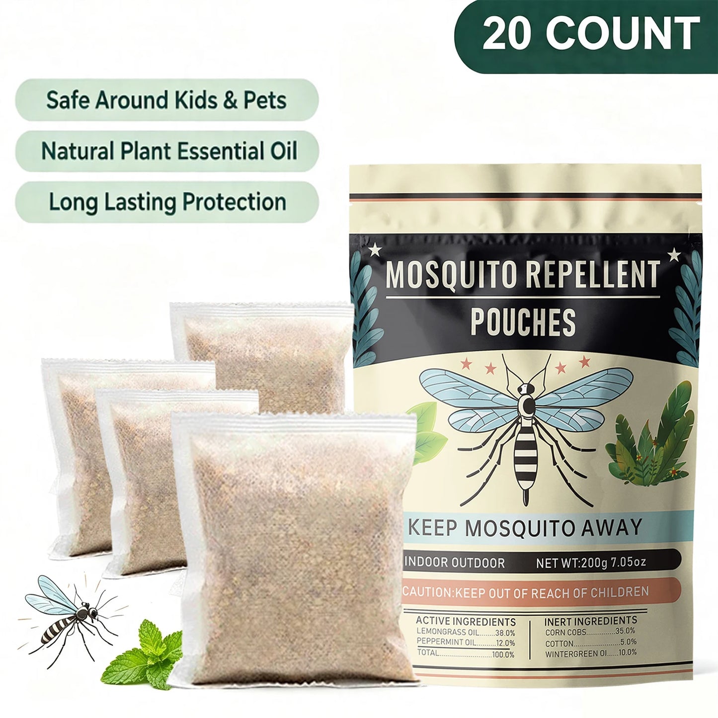 Plant Based Mosquito Repellent Sachets Outdoor Use 20 Pack