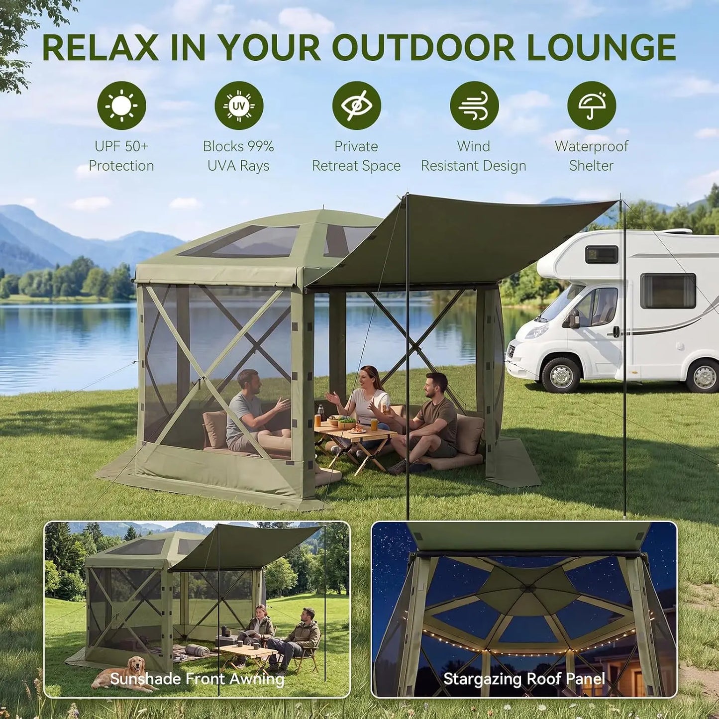 Aoxun 12x12FT Pop Up Tent Removable Top 6 Screen Pavilion Mesh Windows Windcloth Portable Outdoor Awning Instant Setup Brown For Camping Backyard Lawns