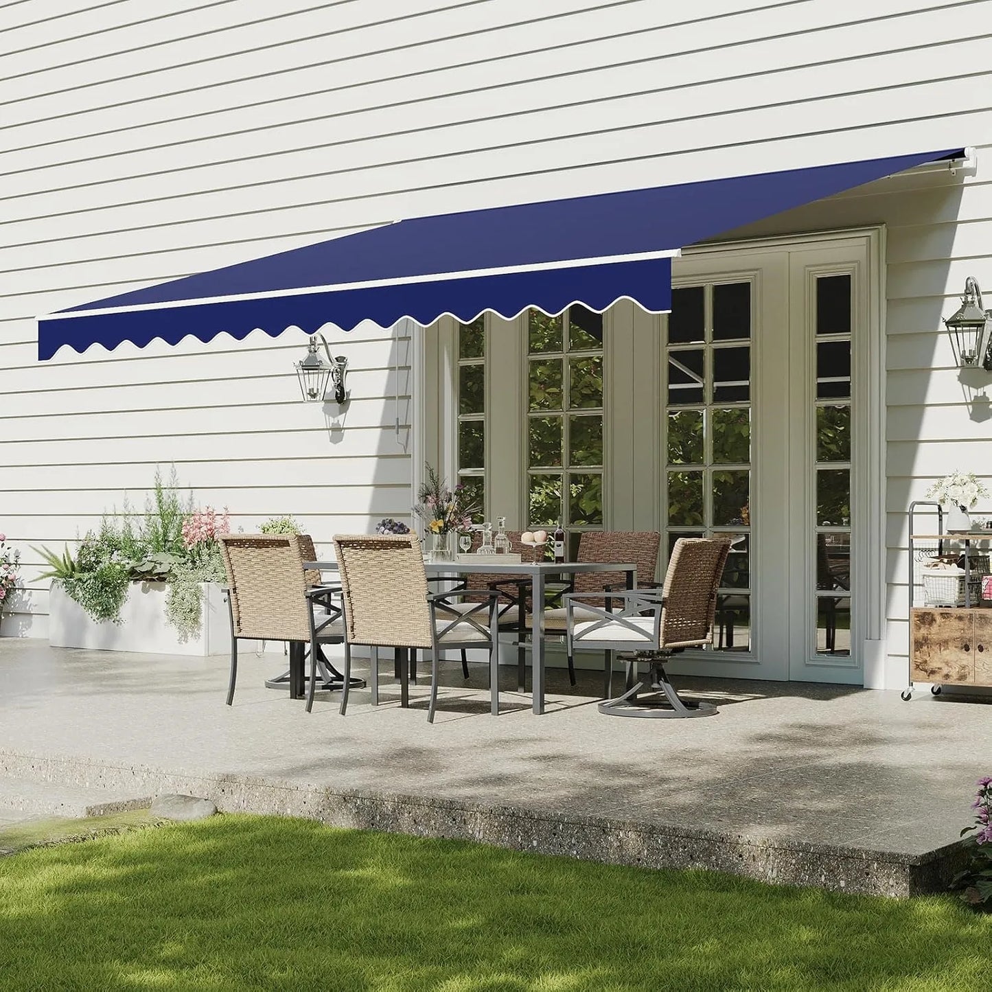 Nordivale 12x10ft Manual Retractable Awning Outdoor Patio Sun Shade Canopy Waterproof Polyester PA Coated Fabric with Crank Handle for Backyard Deck Window Blue