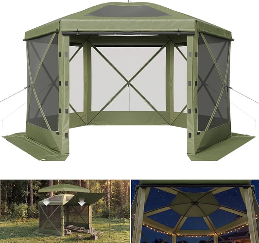 Aoxun 12x12FT Pop Up Tent Removable Top 6 Screen Pavilion Mesh Windows Windcloth Portable Outdoor Awning Instant Setup Brown For Camping Backyard Lawns