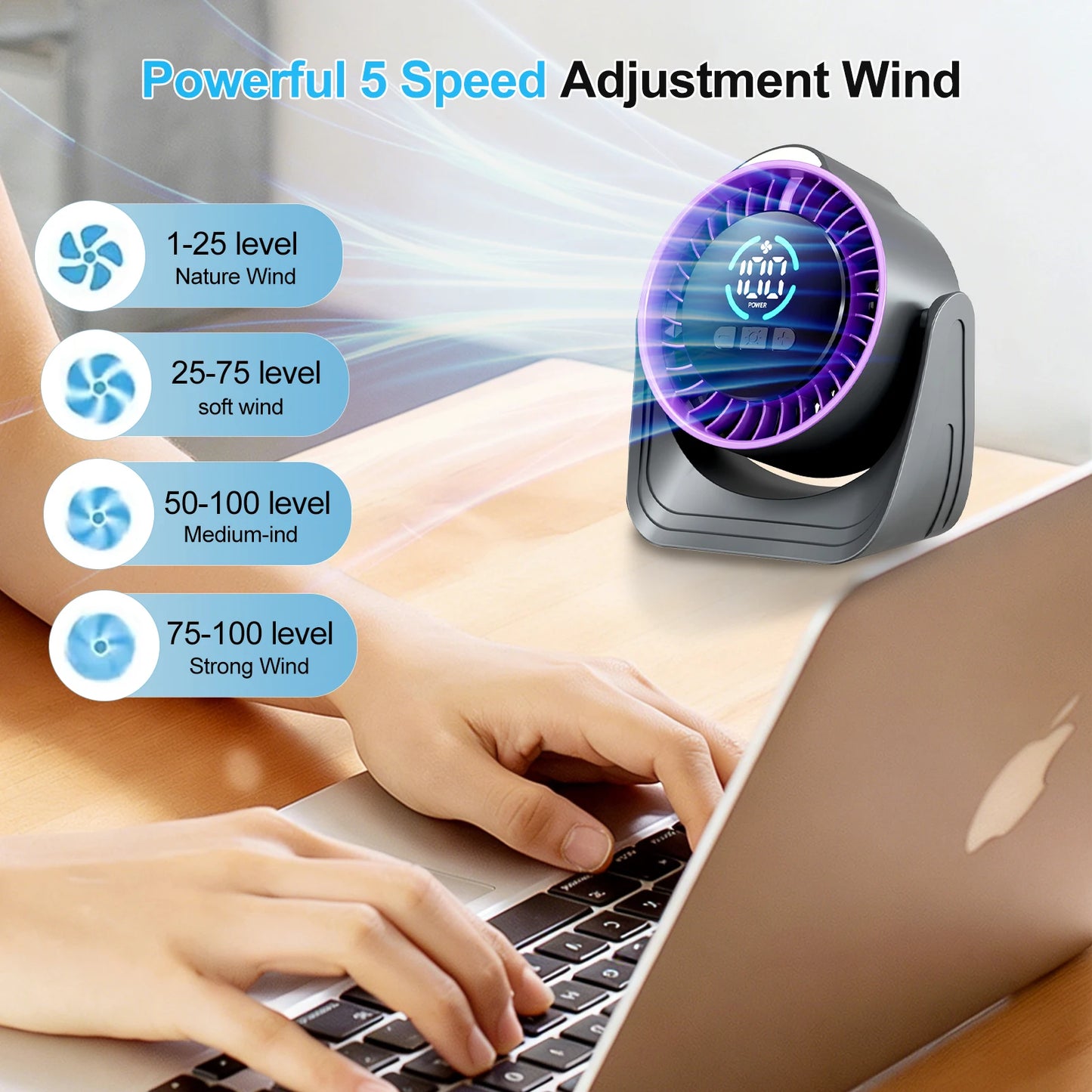 ZNLYRION Fan Rechargeable USB Desk Air Circulation Fan 360° Adjustable 100 Speeds Quiet Table Cooling Fan with Night Light 24H Long Battery Life For Home Office Bedroom