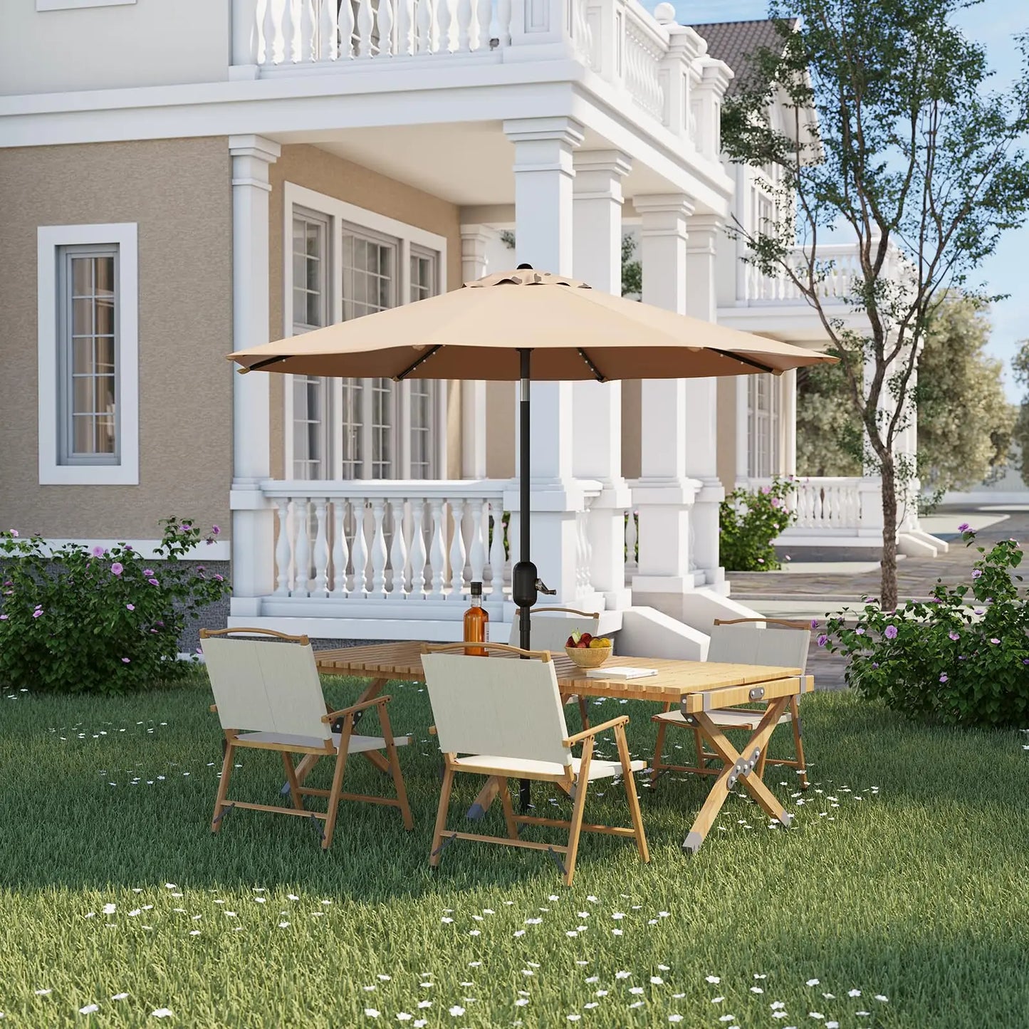 10 ft Patio Umbrella with 40 Solar LED Lights, Outdoor Market Umbrella with Push-Button Tilt and Crank, Powder-Coated Steel Pole 8 Sturdy Ribs Waterproof for Garden, Deck, Backyard, Pool, Tan