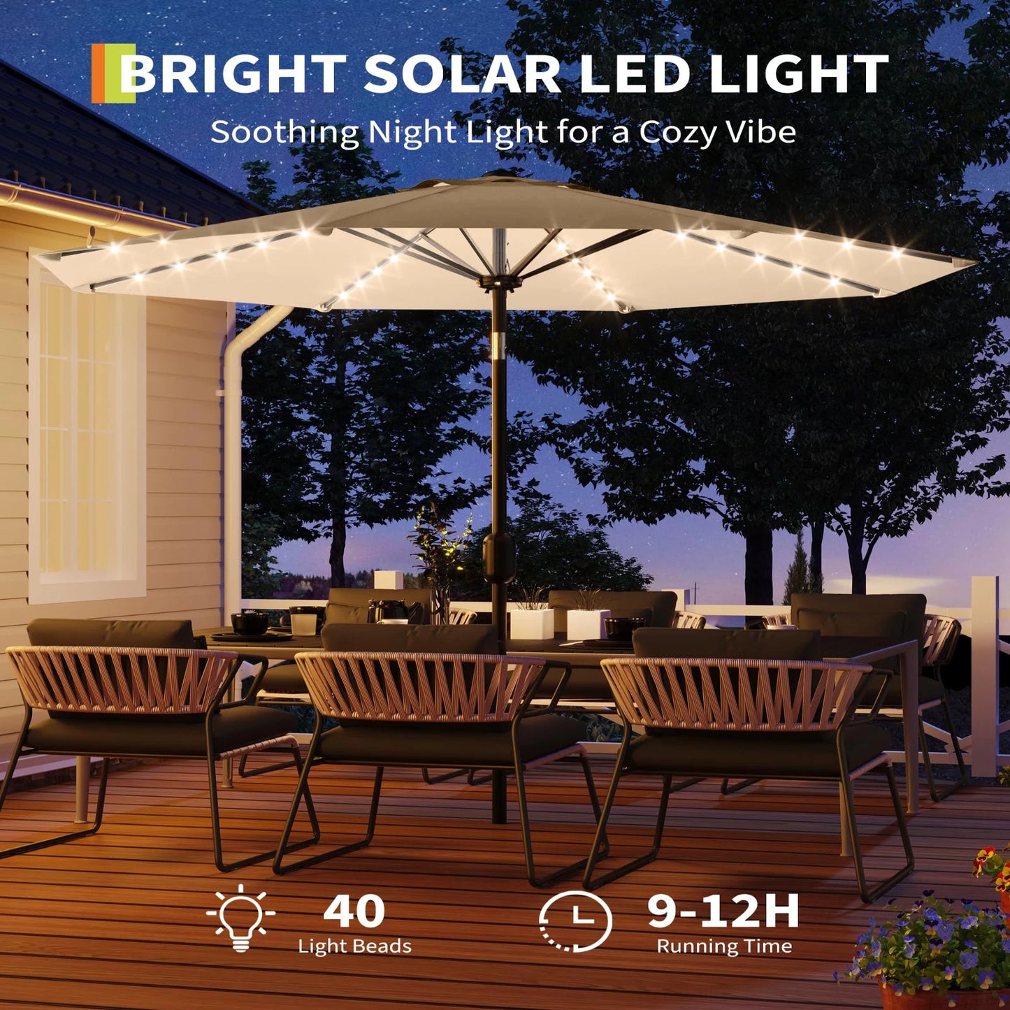 10 ft Patio Umbrella with 40 Solar LED Lights, Outdoor Market Umbrella with Push-Button Tilt and Crank, Powder-Coated Steel Pole 8 Sturdy Ribs Waterproof for Garden, Deck, Backyard, Pool, Tan