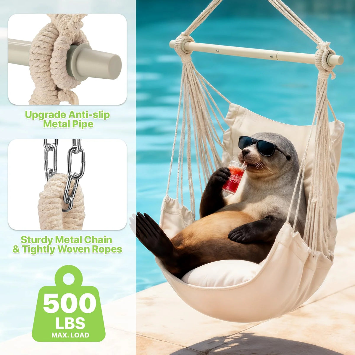 Premium Outdoor Hanging Hammock Chair With Cushions And Rope