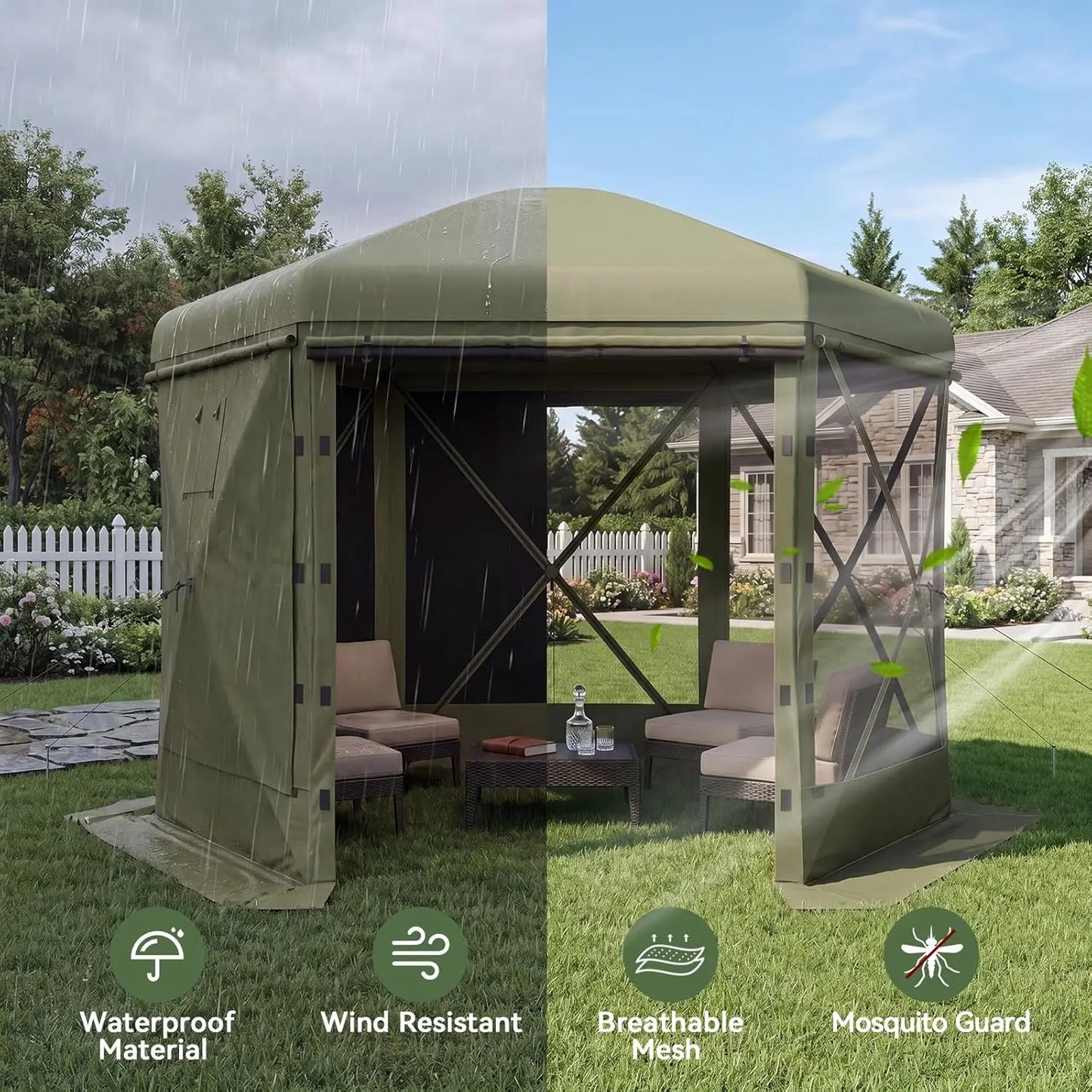 Aoxun 12x12FT Pop Up Tent Removable Top 6 Screen Pavilion Mesh Windows Windcloth Portable Outdoor Awning Instant Setup Brown For Camping Backyard Lawns