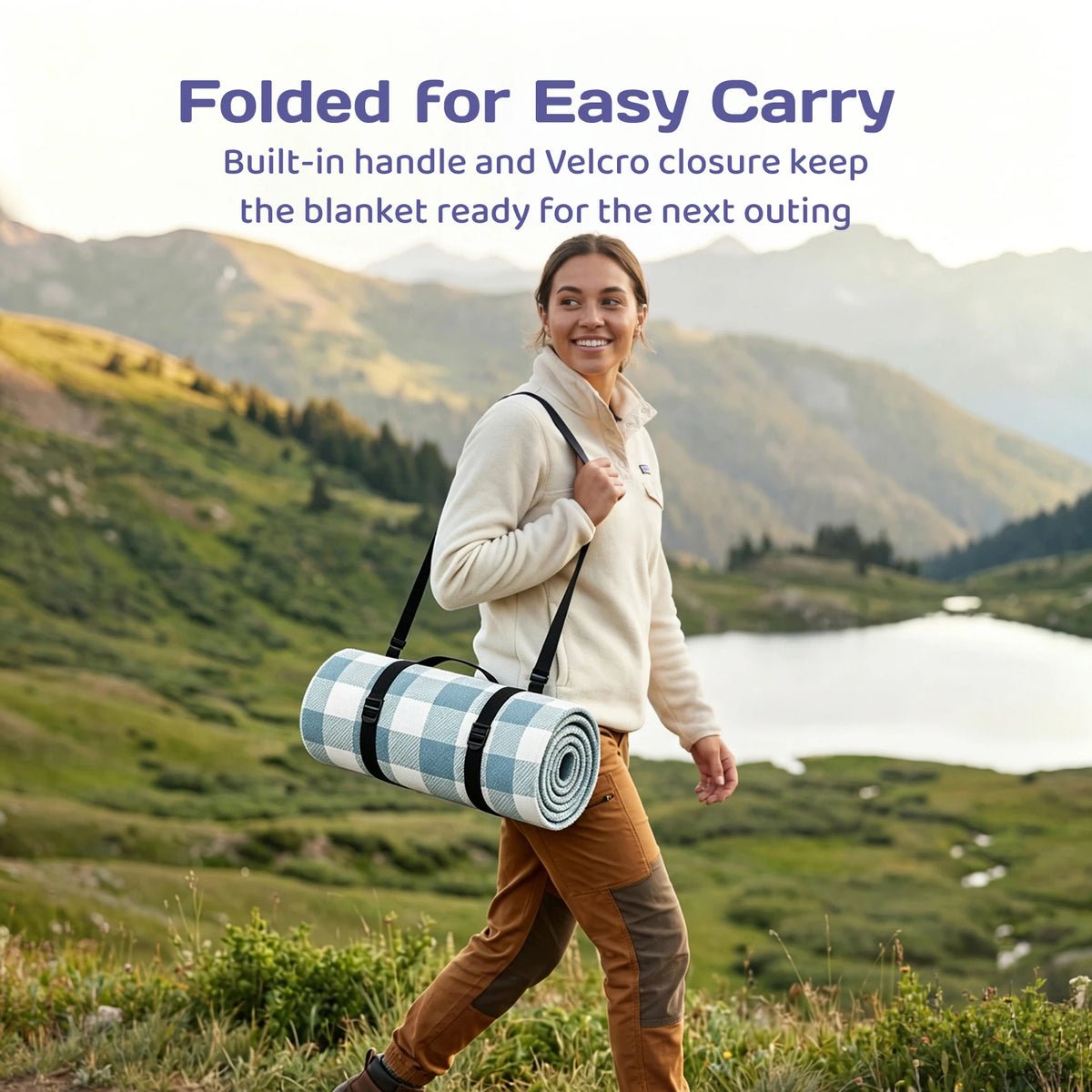 Adivo Waterproof Plaid Picnic Blanket Foldable Acrylic Outdoor Mat with Carry Strap for Beach Camping 59x79/79x79/79x118in