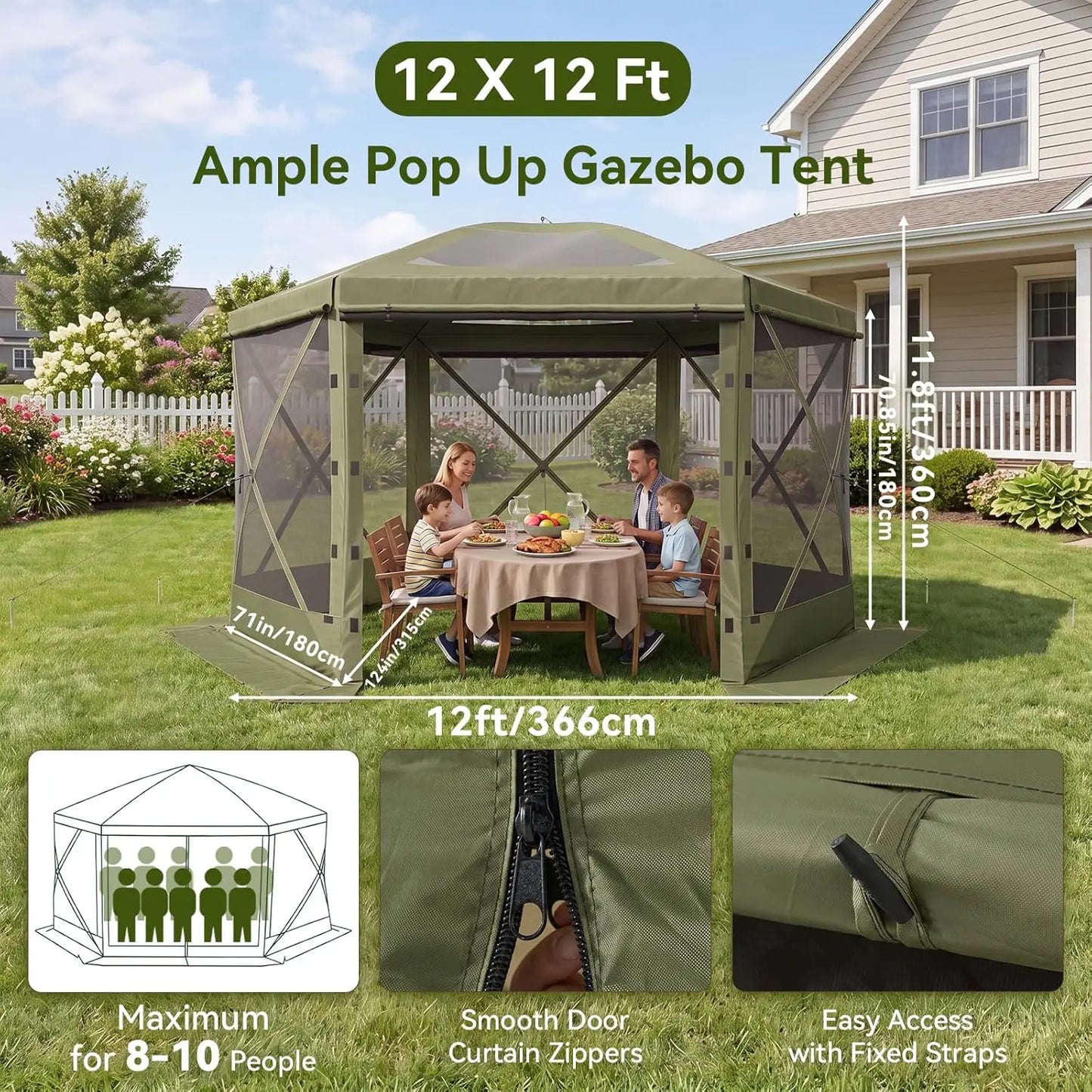 Aoxun 12x12FT Pop Up Tent Removable Top 6 Screen Pavilion Mesh Windows Windcloth Portable Outdoor Awning Instant Setup Brown For Camping Backyard Lawns