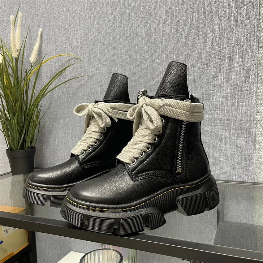 2026 Trend Men High Top Genuine Leather Boots Lace Up Thick Platform Height Increasing Warm Daily Casual Walking Footwear
