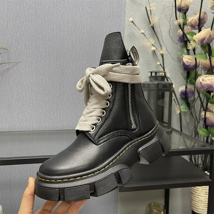 2026 Trend Men High Top Genuine Leather Boots Lace Up Thick Platform Height Increasing Warm Daily Casual Walking Footwear