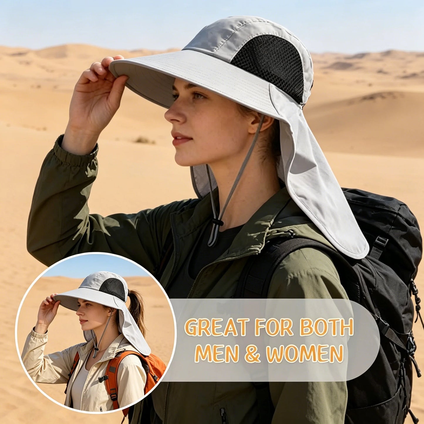 Grey Unisex Wide Brim Sun Hat With Neck Flap UPF 50+ UV Protective Lightweight Outdoor Cap For Fishing Hiking Beach Camping Gardening