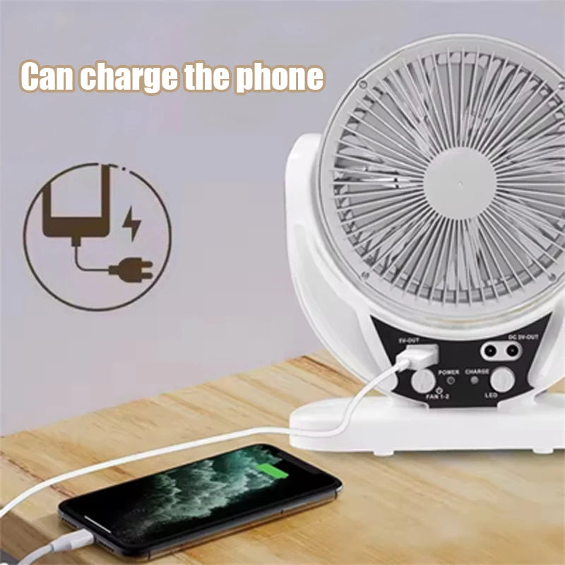 Solar-powered multifunctional fan, LED emergency light bulb, USB charging, night light function, can charge mobile phones