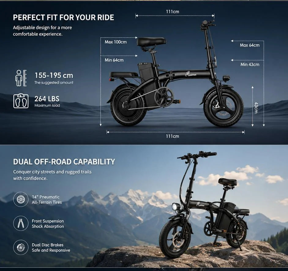 Folding Electric Bike,48V15AH Speed Over 20 MPH, 600W Adult Electric Bicycle with 14-inch Fat Tires, Max Range 20 Miles