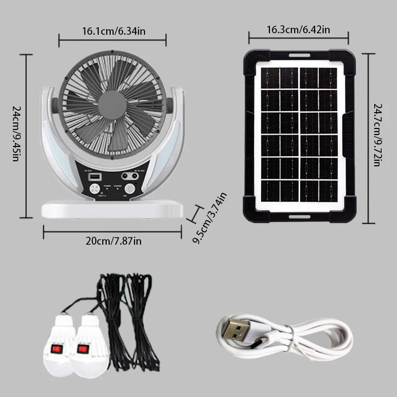 Solar-powered multifunctional fan, LED emergency light bulb, USB charging, night light function, can charge mobile phones