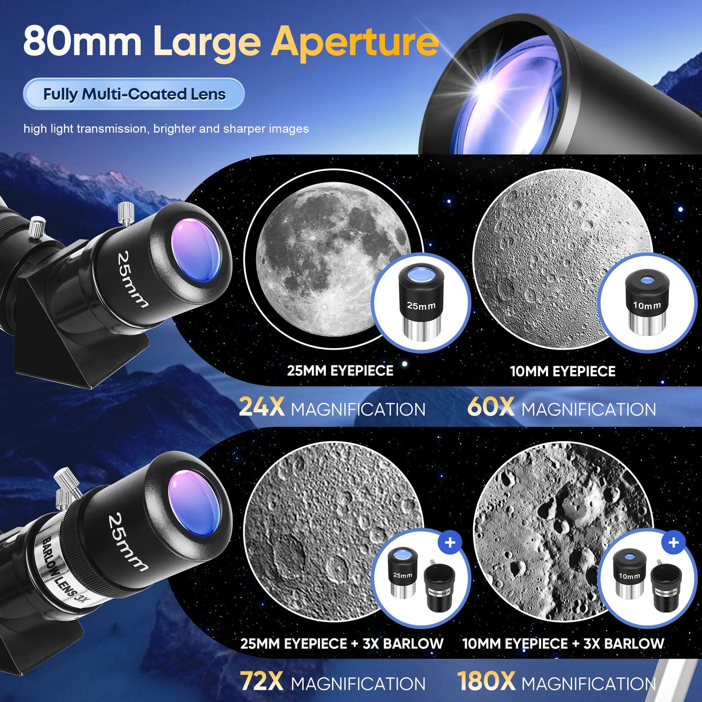 80mm Aperture 600mm Focal Length Refractor Astronomical Telescope, Suitable for Adults and Beginners, 180X Magnification, Comes with a Tripod, Phone Holder, and Storage Bag