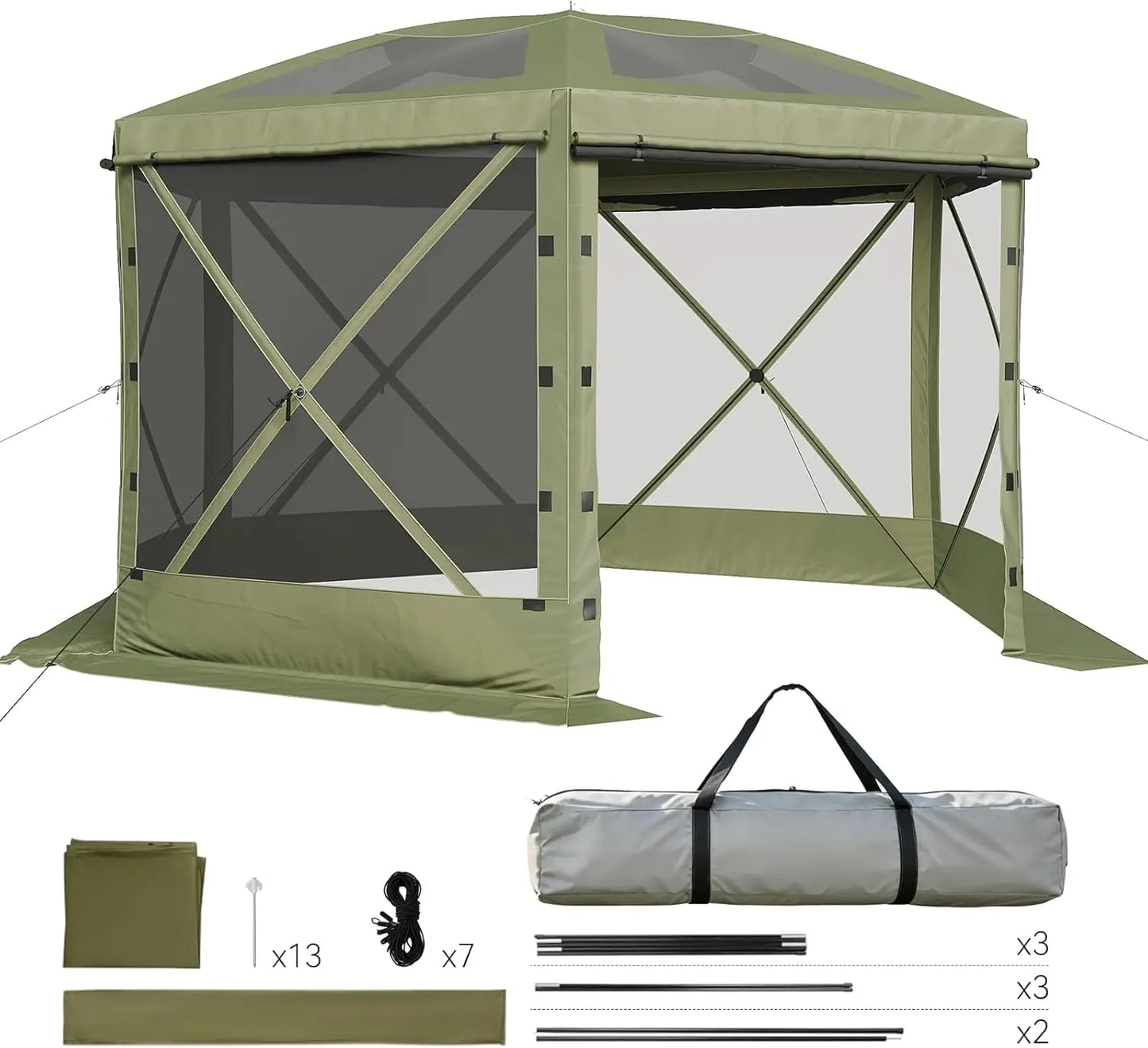 Aoxun 12x12FT Pop Up Tent Removable Top 6 Screen Pavilion Mesh Windows Windcloth Portable Outdoor Awning Instant Setup Brown For Camping Backyard Lawns