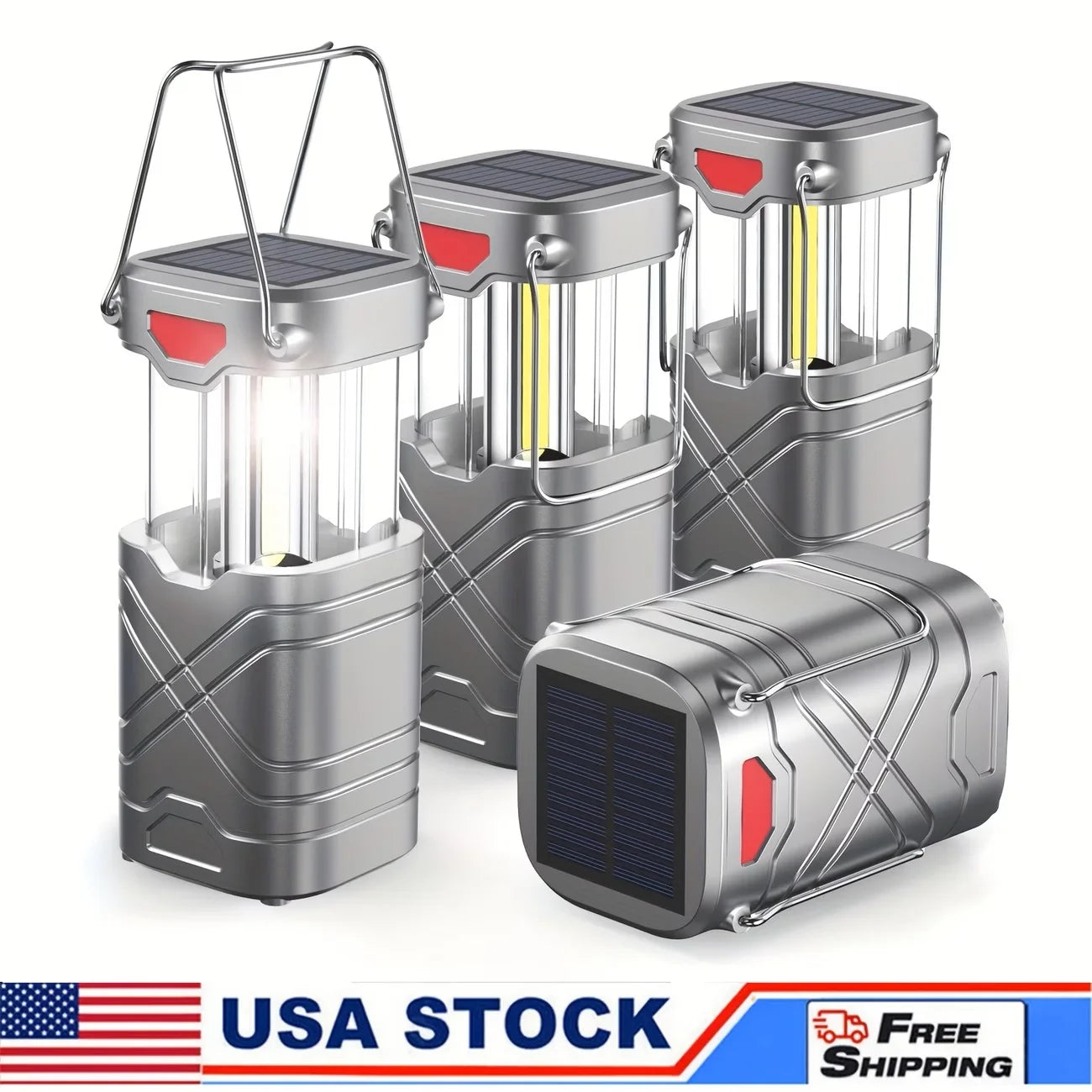 Solar Camping Lantern 2/4-Pack, Rechargeable LED with Flashlight, USB-C & Solar Powered, Collapsible for Outdoor, Emergency Use