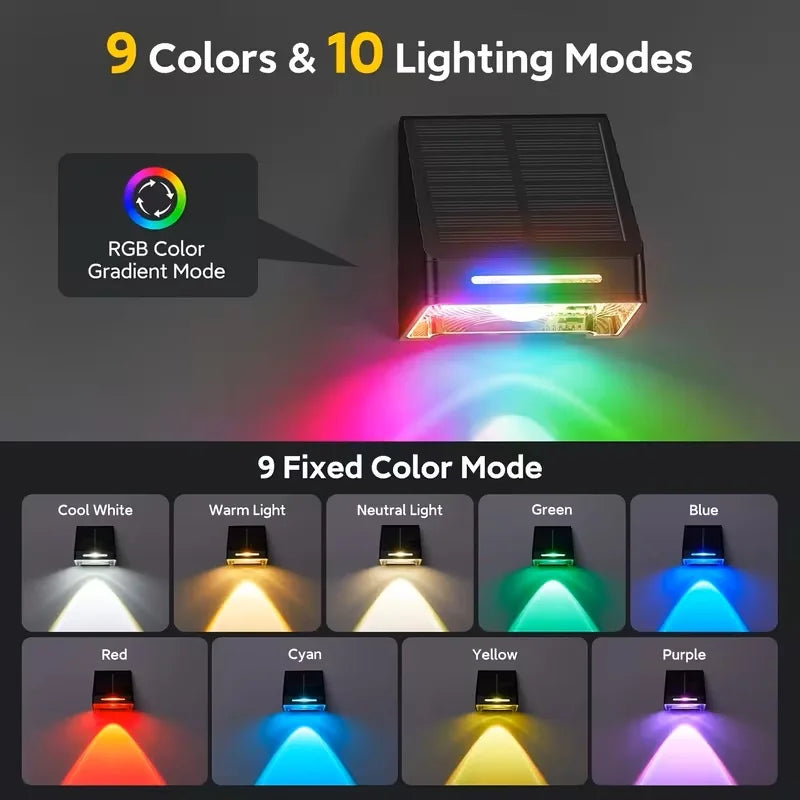 Solar Fence Lights Outdoor: Solar Powered Deck Light - 10 Lighting Modes with RGB - Waterproof IP65 - Led Lens Wall Decor for Garden Patio Backyard Porch