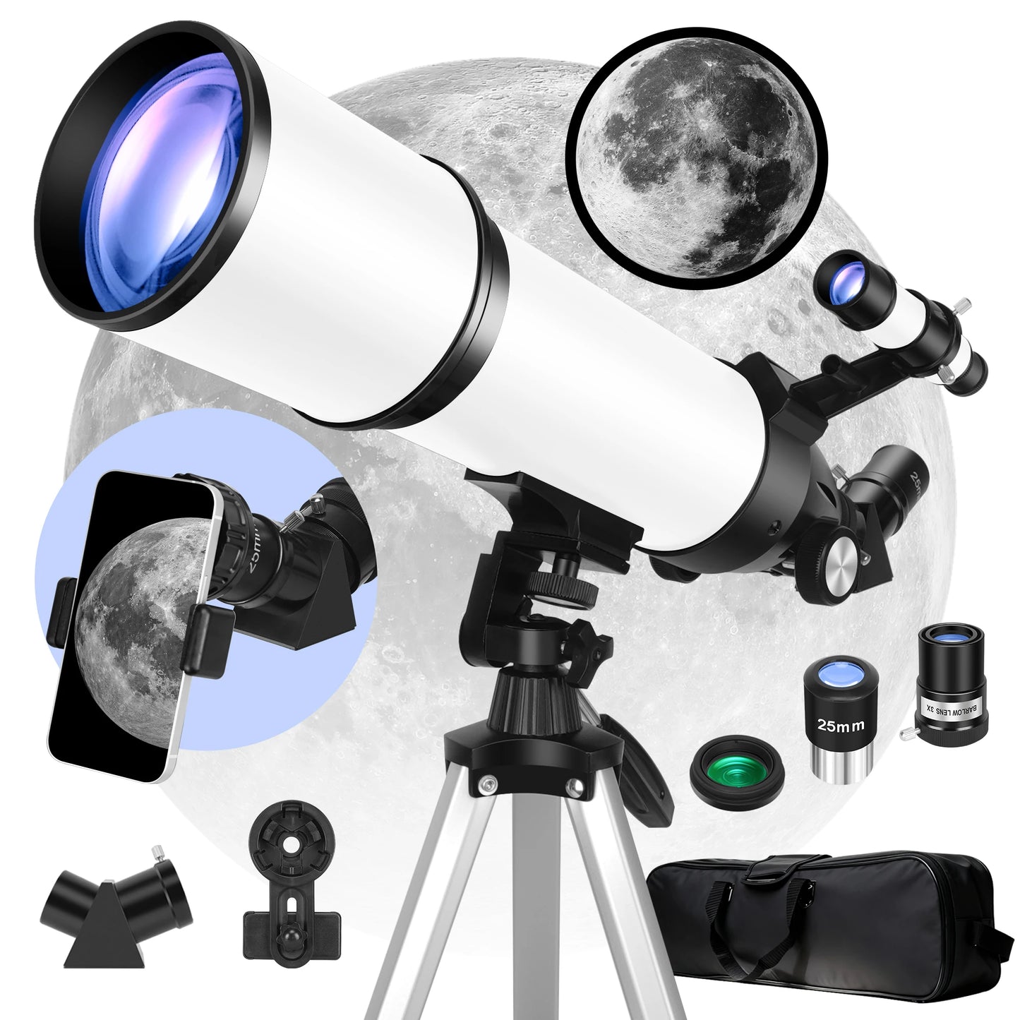 80mm Aperture 600mm Focal Length Refractor Astronomical Telescope, Suitable for Adults and Beginners, 180X Magnification, Comes with a Tripod, Phone Holder, and Storage Bag