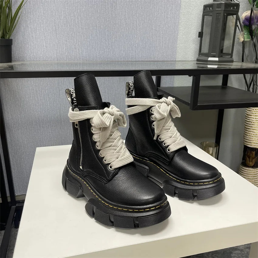 2026 Trend Men High Top Genuine Leather Boots Lace Up Thick Platform Height Increasing Warm Daily Casual Walking Footwear