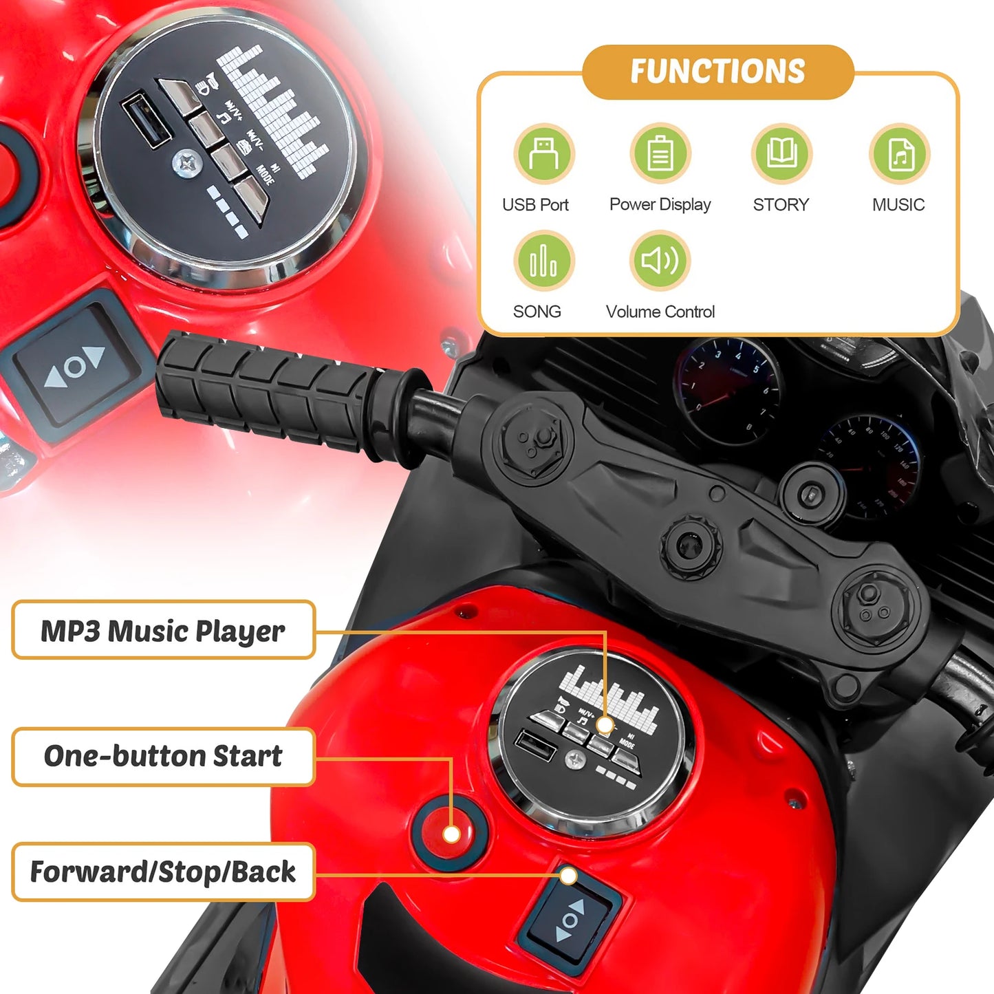 2 Wheel 12V Electric Mini Bike Motorcycle for Children, Kids Battery Powered Dirt Bike with Remote control, Bluetooth, MP3, Age 3+ Kids Ride On Motorcycle, PU Seat, Load Capacity Up to 110 lbs, Top Speed: 4 MPH