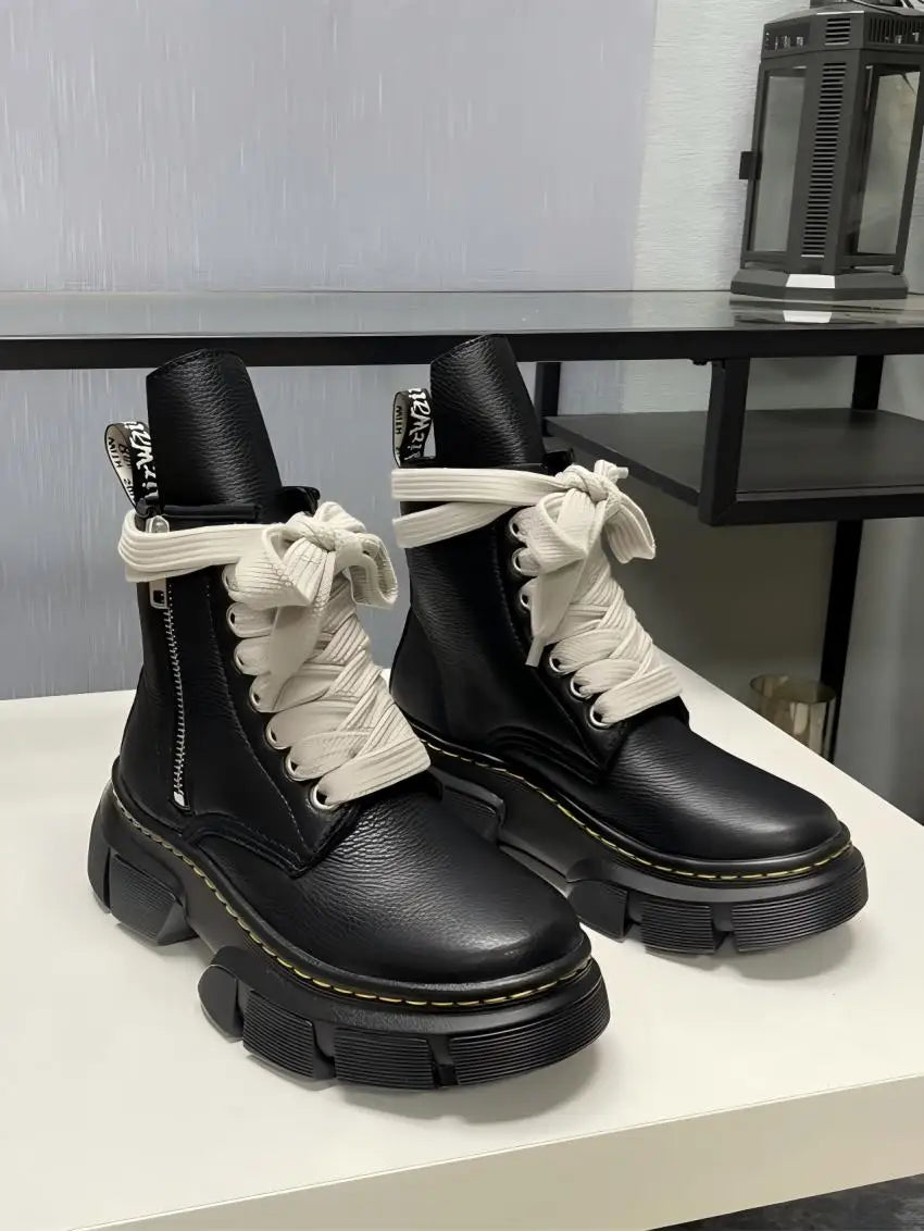 2026 Trend Men High Top Genuine Leather Boots Lace Up Thick Platform Height Increasing Warm Daily Casual Walking Footwear