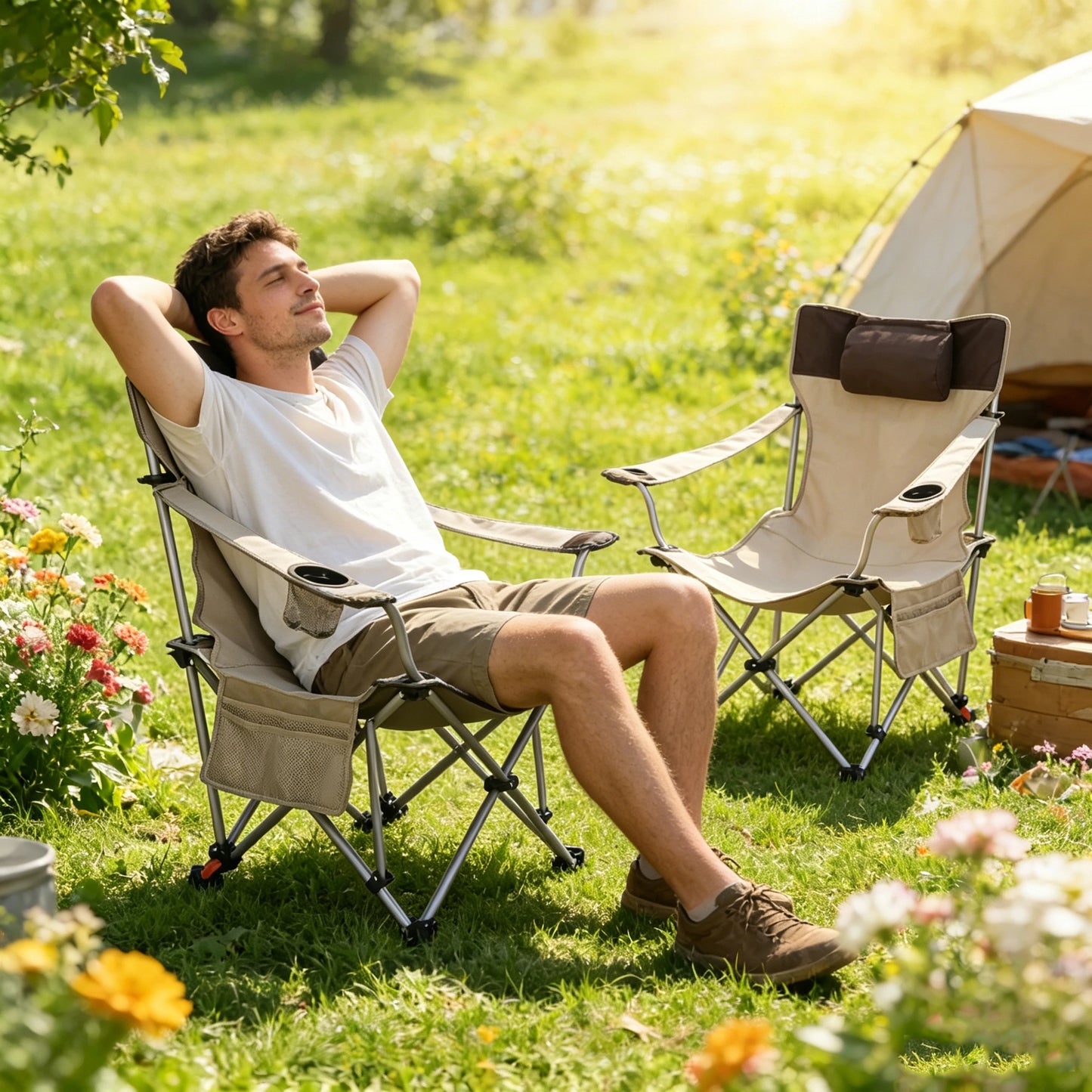 2PCS Folding Camping Chairs, Adjustable 3-Position Reclining Outdoor Lounge Chair with Side Pocket & Cup Holder, Portable Camping Chair with Carry Bag,Beige ,Dark Blue,