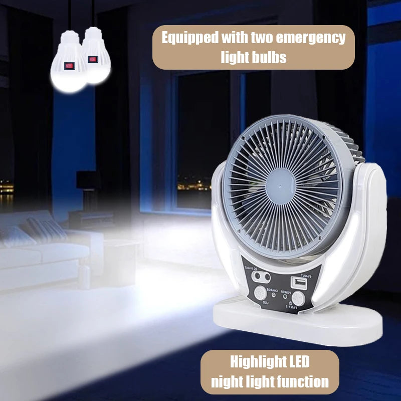 Solar-powered multifunctional fan, LED emergency light bulb, USB charging, night light function, can charge mobile phones