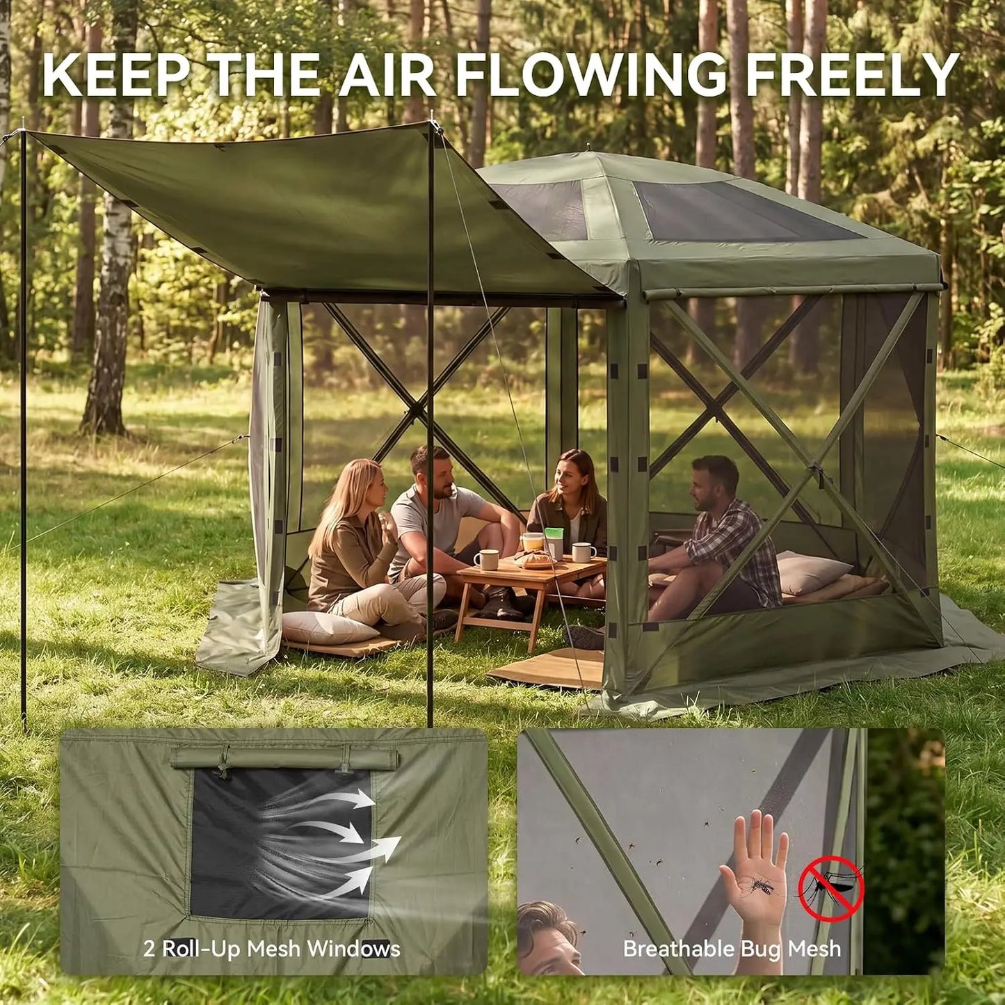 Aoxun 12x12FT Pop Up Tent Removable Top 6 Screen Pavilion Mesh Windows Windcloth Portable Outdoor Awning Instant Setup Brown For Camping Backyard Lawns